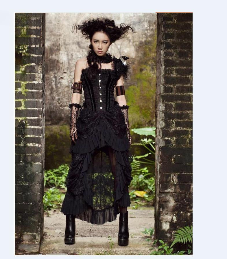 Women Retro New Lace Long Ruffle Victorian SteamGothic Dress Goth Up Skirt