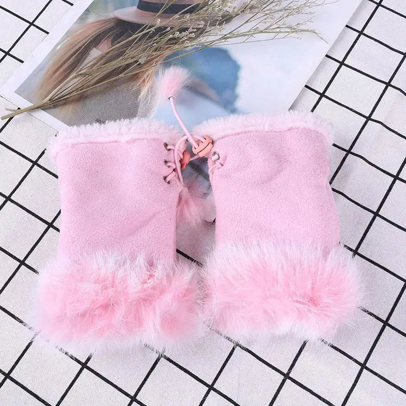 Faux Rabbit Fur Fingerless Winter Warmer Gloves