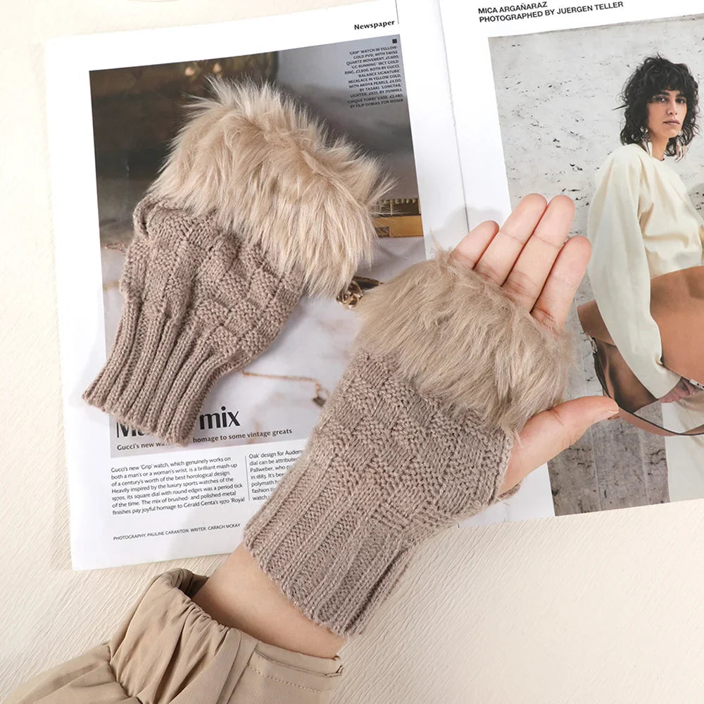 Faux Rabbit Fur Fingerless Winter Warmer Gloves