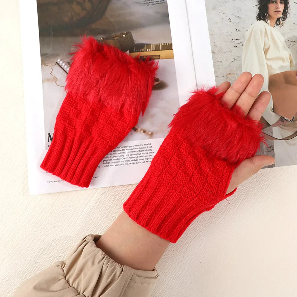 Faux Rabbit Fur Fingerless Winter Warmer Gloves