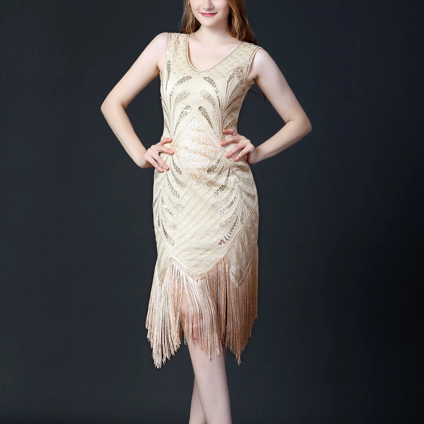 1920s Retro Tassel Prom Sequin Dance Double V Neck Sleeveless Beaded Small Flapper Gatsby Vestidos Dress