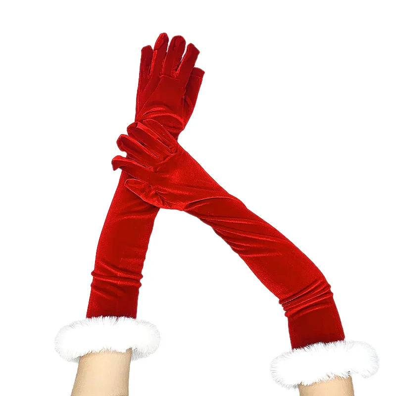 Red Gold Velvet White Plush Full Finger Christmas Party Costume Glove