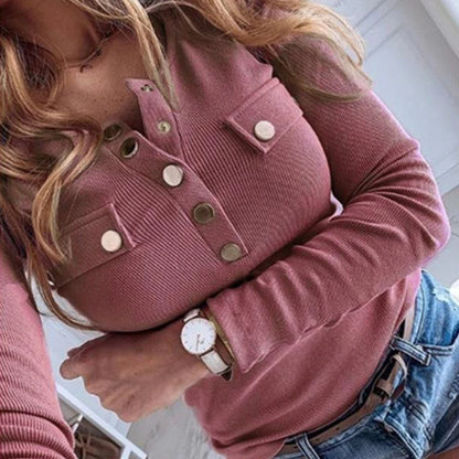 Fashion Sexy Solid Color Button-s Ribbed Low-cut Blouse