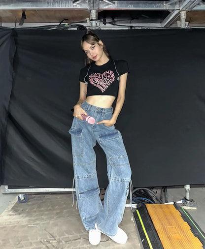 Amy Fashion - 2024 Autumn New Fashionable Women's Cargo European and American Style Retro Y2K Pocket Loose Overalls Jean