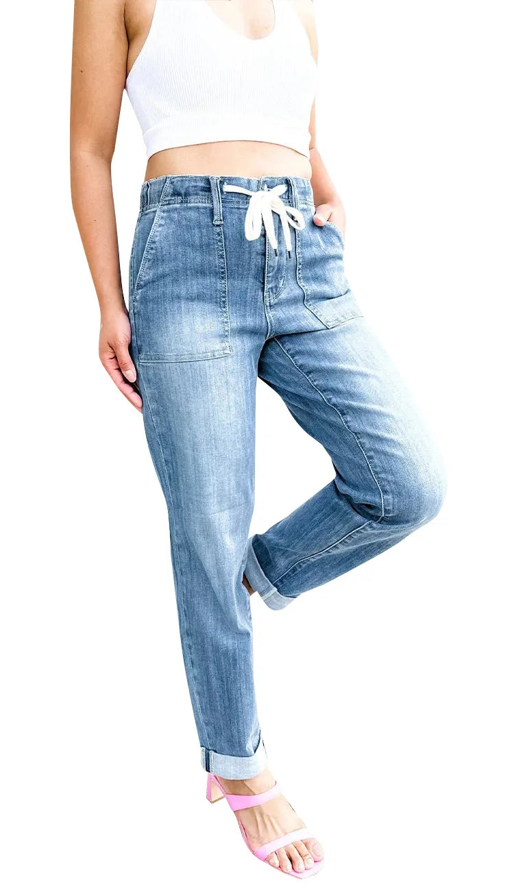 Amy Fashion - Elastic Skinny Pencil Casual Denim Drawstring High Waist Women's Fashionable Jean