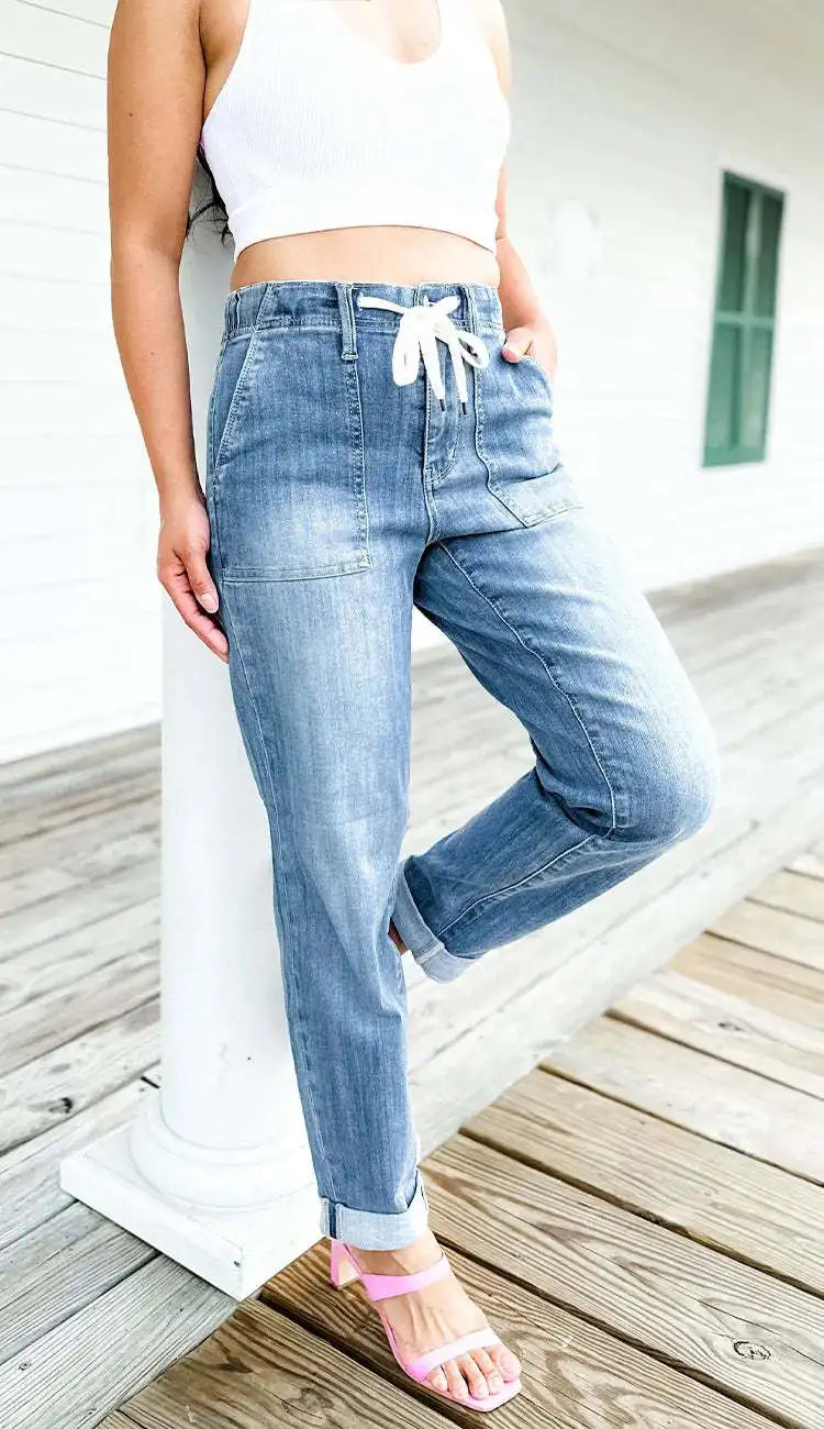 Amy Fashion - Elastic Skinny Pencil Casual Denim Drawstring High Waist Women's Fashionable Jean