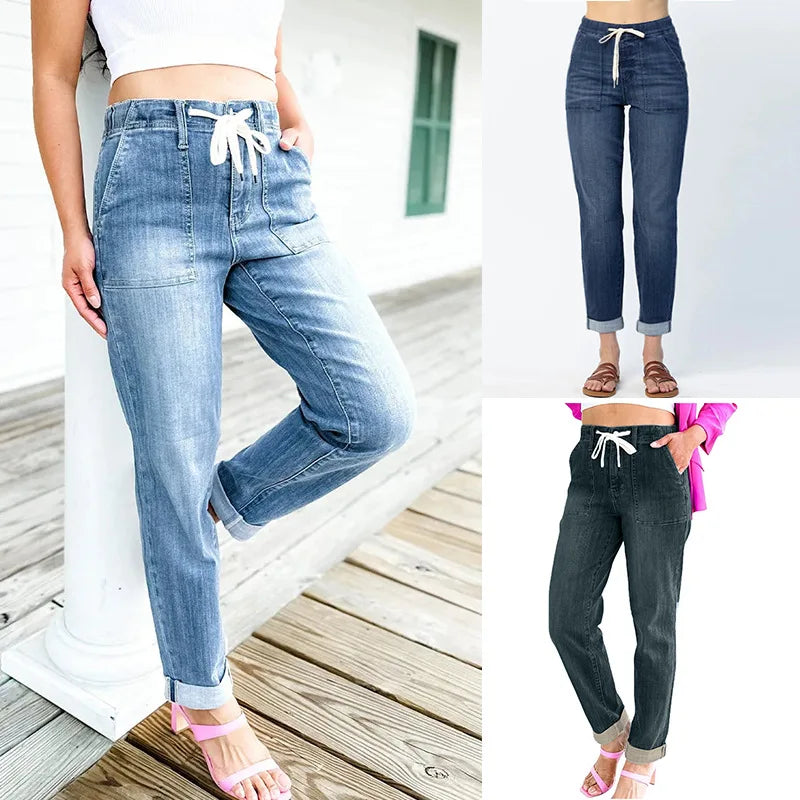 Amy Fashion - Elastic Skinny Pencil Casual Denim Drawstring High Waist Women's Fashionable Jean