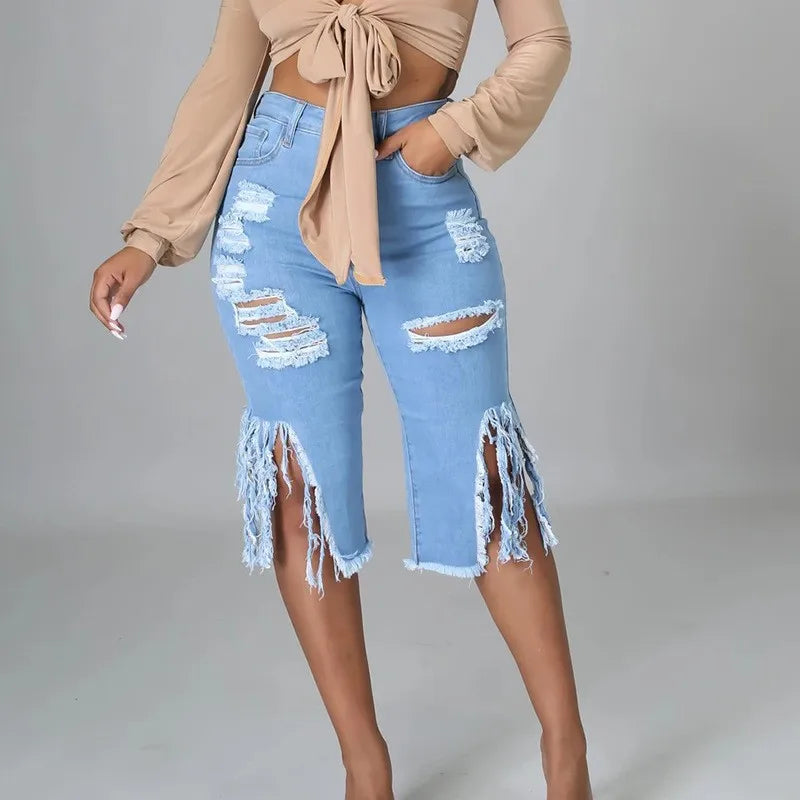 Amy Fashion - 2024 Elastic Tassle Flare Knee Length Denim Pants Women Sexy Fashion High Waist Hole Ripped High Street Trousers Jean