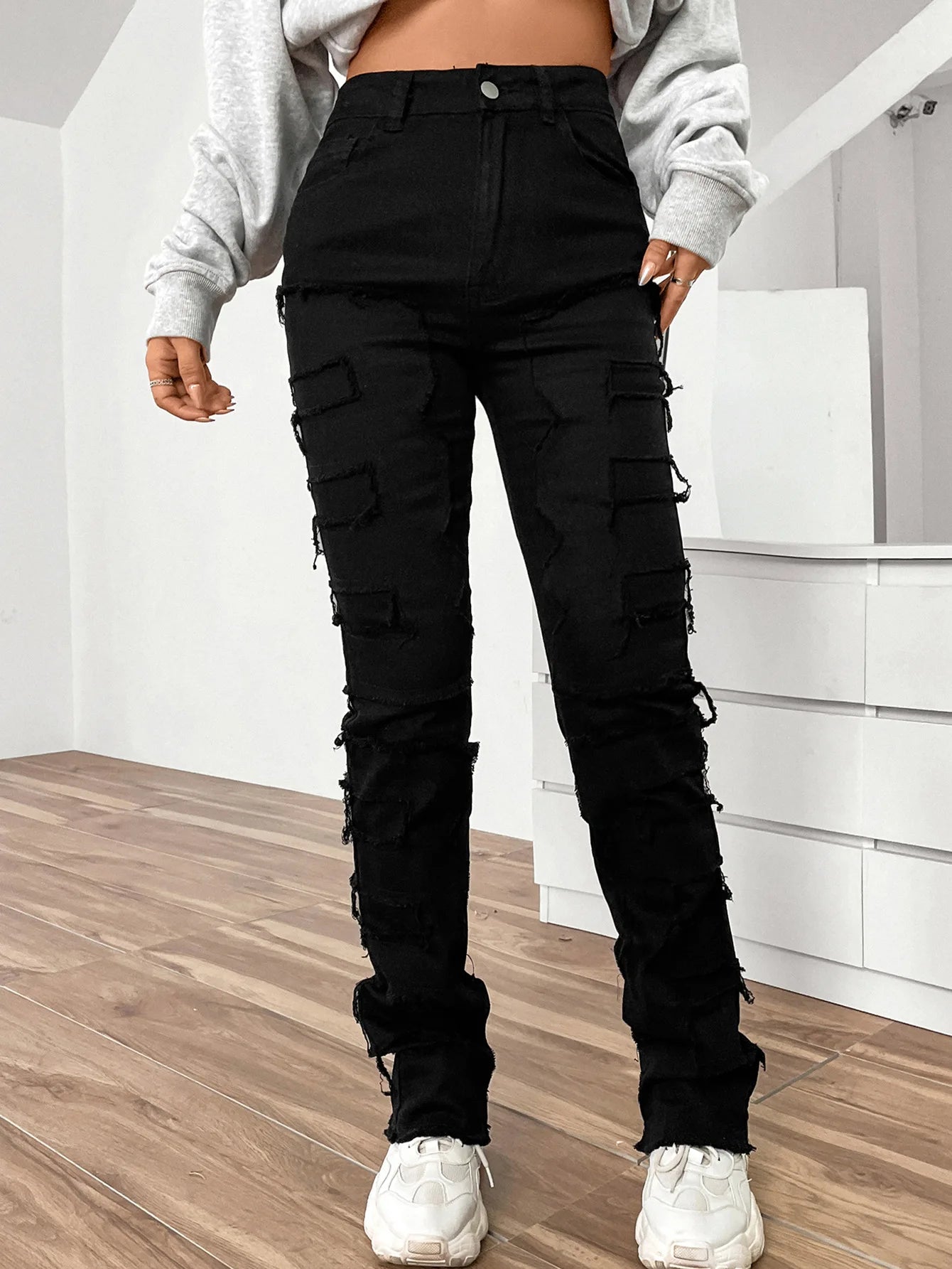 Amy Fashion - 2024 New European and American Streetwise Stretch Patch for Women High Street Straight Fit Long Women's Jean