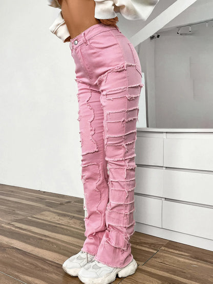 Amy Fashion - 2024 New European and American Streetwise Stretch Patch for Women High Street Straight Fit Long Women's Jean