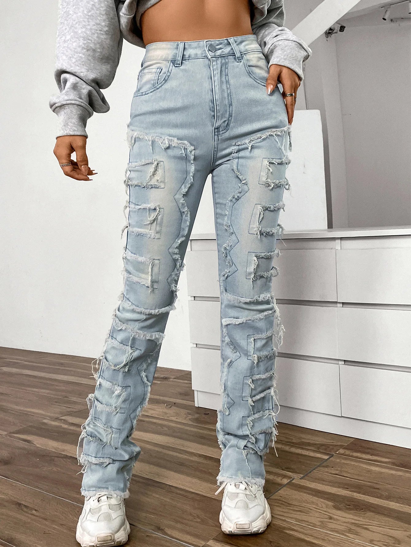 Amy Fashion - 2024 New European and American Streetwise Stretch Patch for Women High Street Straight Fit Long Women's Jean