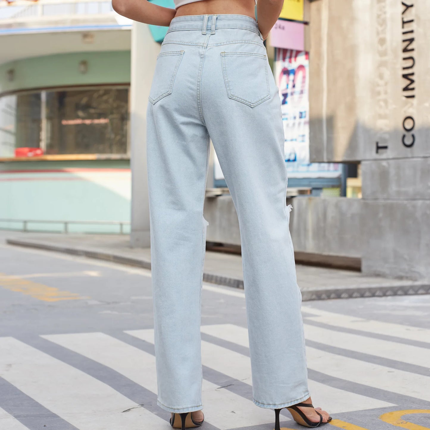 Amy Fashion - New Loose Retro Casual High Waist Ripped Wide Leg Street Fashionable Female Jean