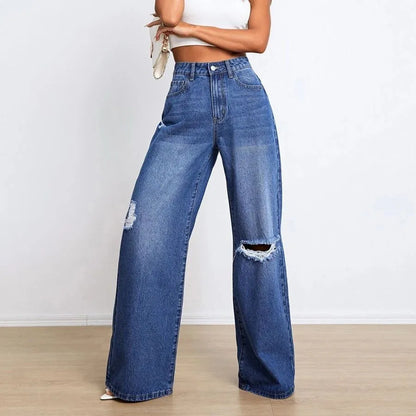 Amy Fashion - New Loose Ripped Fashion High Waist Wide Leg Casual Y2K Jean