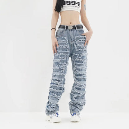 Amy Fashion - 2024 Streetwear Stacked Clothing Y2K Baggy Ripped Hip Hop Straight Vintage Denim Jean