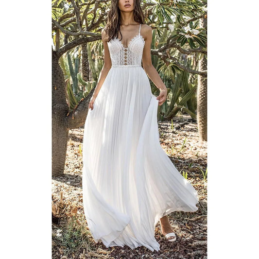 Amy Fashion - White Lace Maxi V-Neck Slim Sleeveless Boho Dress