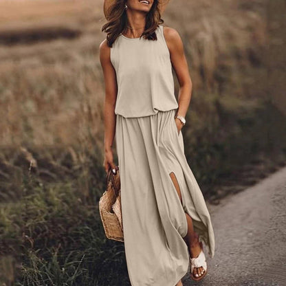 Amy Fashion - Casual Solid Round Neck Beach Dress Sleeveless Slit Dress