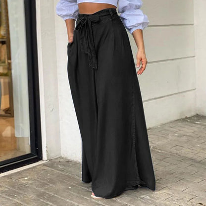 Amy Fashion - 2024 Women Long High Waist Fashion Belted Casual Loose Solid Streetwear Skirt Jean