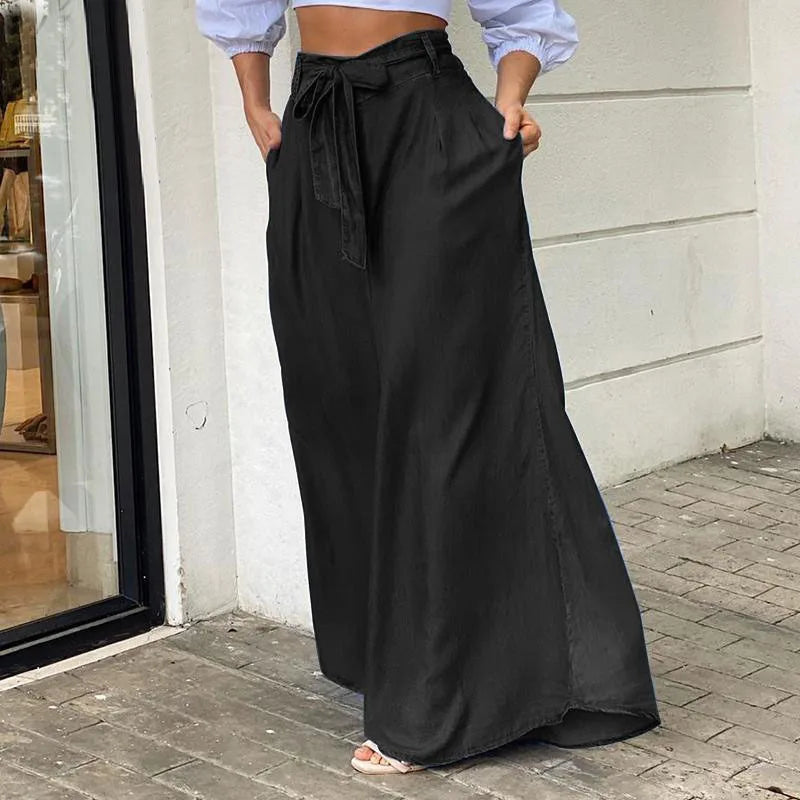 Amy Fashion - 2024 Women Long High Waist Fashion Belted Casual Loose Solid Streetwear Skirt Jean