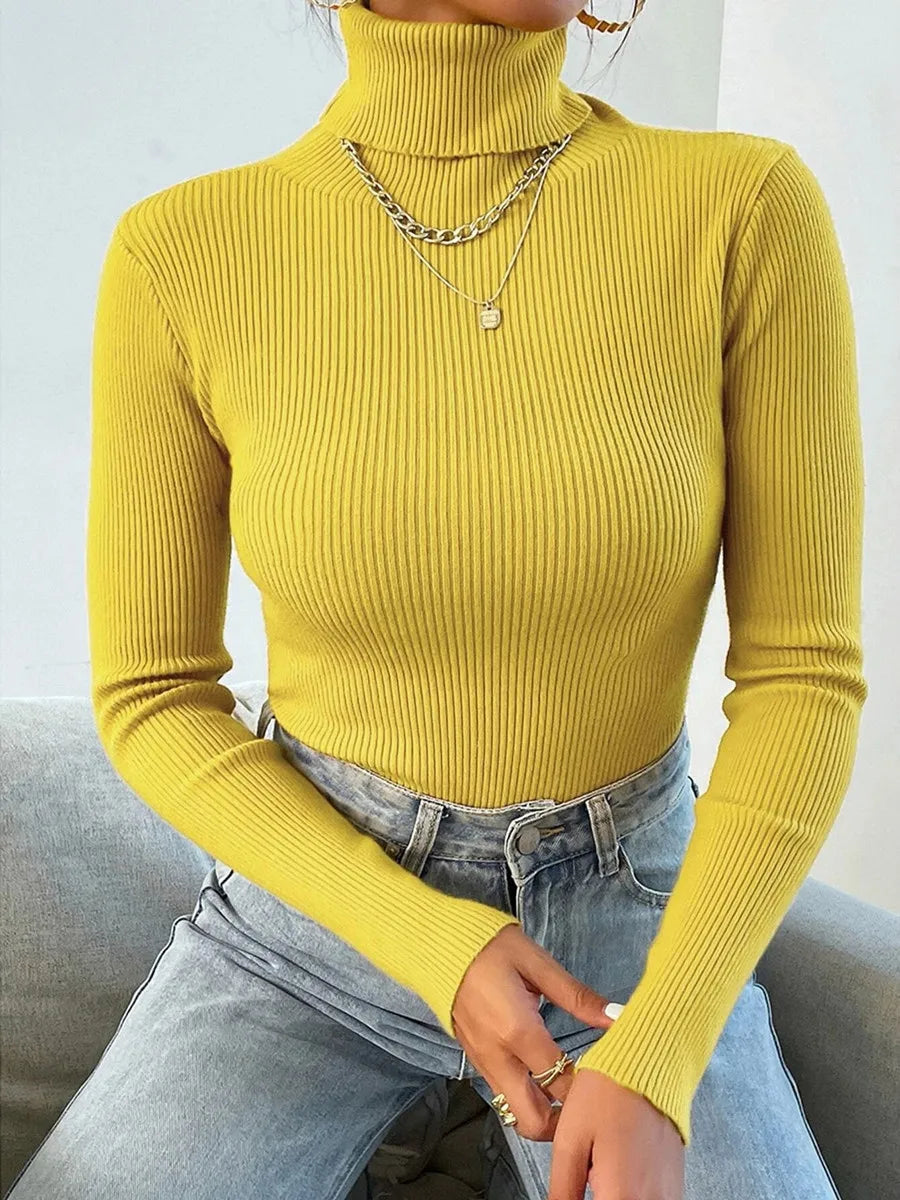 2024 Autumn Winter Women Knit Solid Pull Casual Rib Jumper Tops Sweater