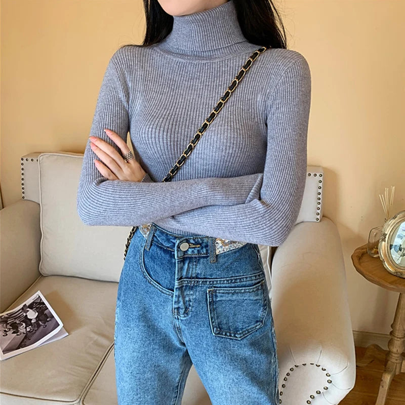 2024 Autumn Winter Women Long Sleeve Knitted Foldover Ribbed Pull Soft Warm Sweater