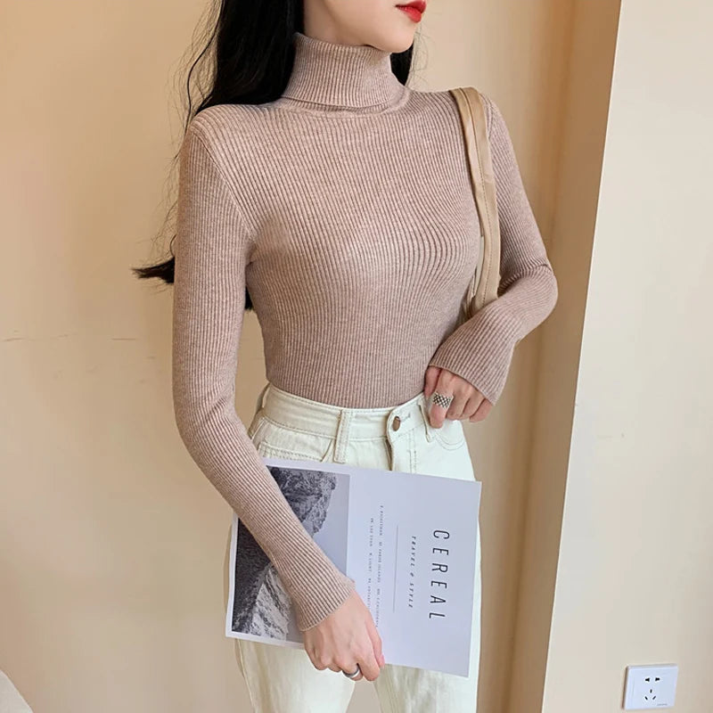 2024 Autumn Winter Women Long Sleeve Knitted Foldover Ribbed Pull Soft Warm Sweater