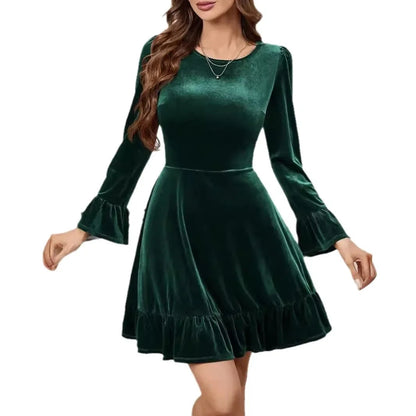 Golden Velvet Mini Nightdress - A-Line Ruffles Elegant Party Dress