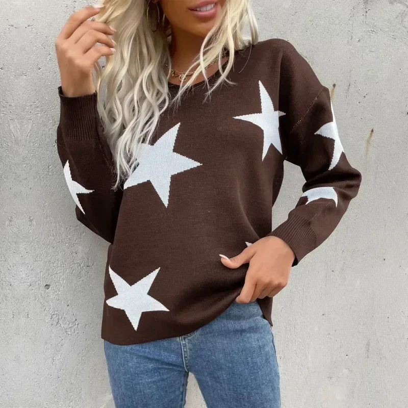 Knitted Loose Casual O-neck Star Thick Elegant Winter Sweater