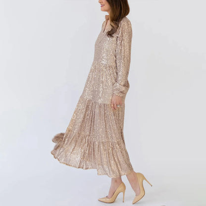 Champagne Sequin Loose V-Neck Long Sleeve Pleated Midi Elegant A-Line Banquet Party Dress