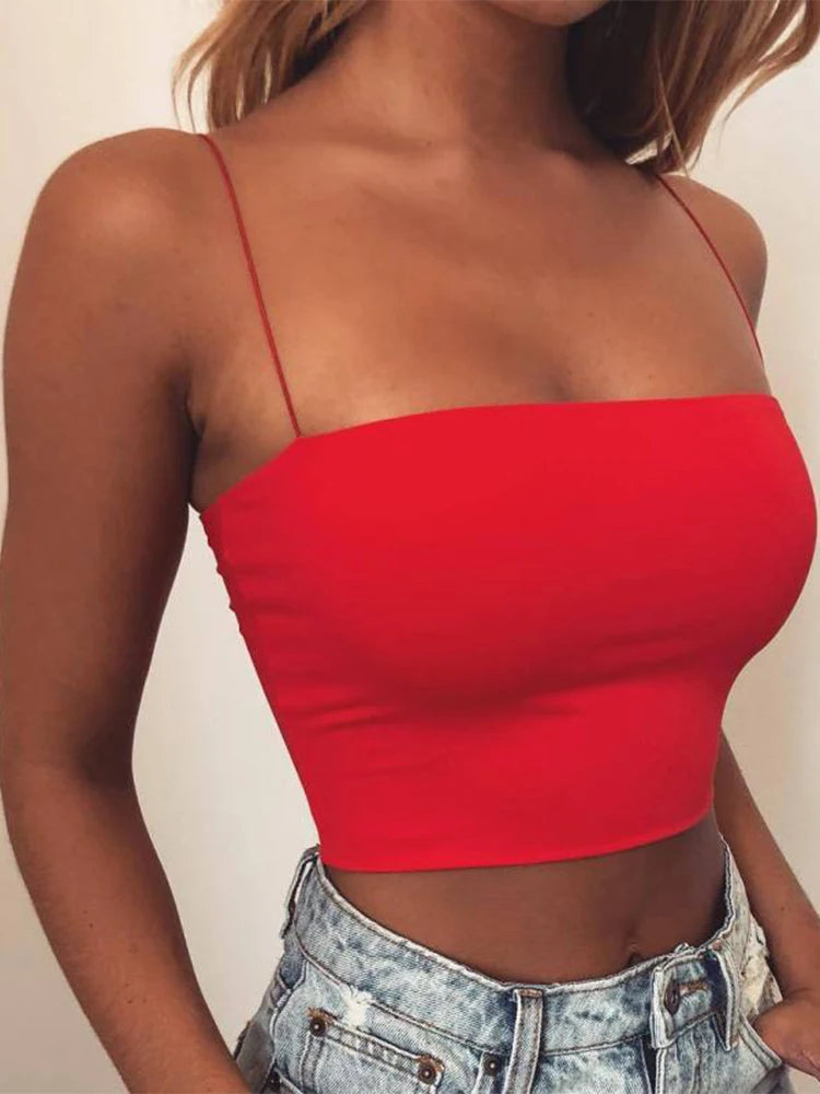 AMY FASHION - Sleeveless Spaghetti Strap Bodycon Sexy Basic Plain Camisole Crop Top