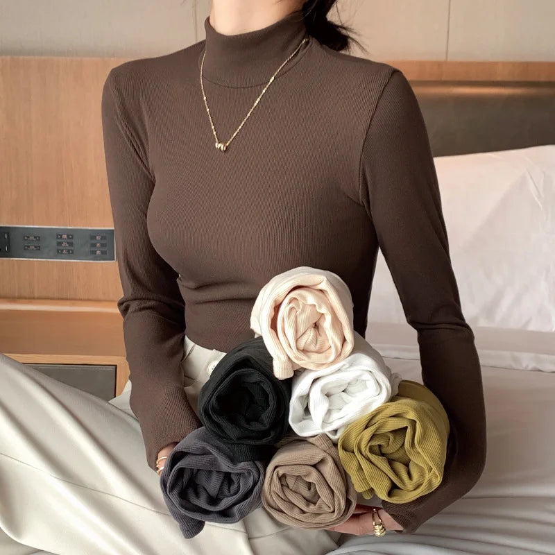 2024 New Knitted Half-Pullovers Women Bottom Shirts Jumper Elegant Korean Sweater