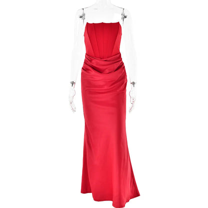 Red Christmas Party Dress - Elegant Corset Strap Neck Backless Maxi