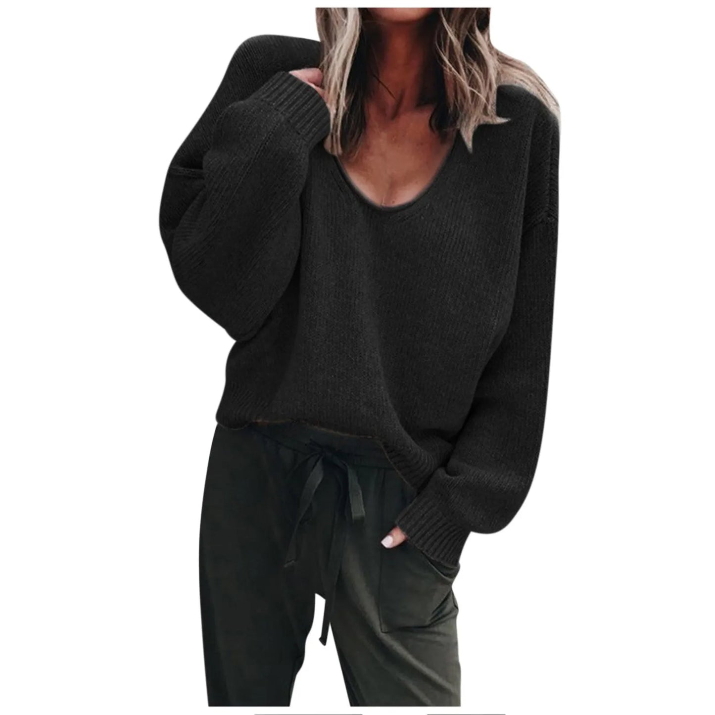 Spring Knitting Black V-neck Long Sleeve Casual Loose Elegant Sweater