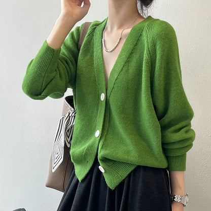 Green V-Neck Knitted Cape Sweater for Women - Single Button Closure