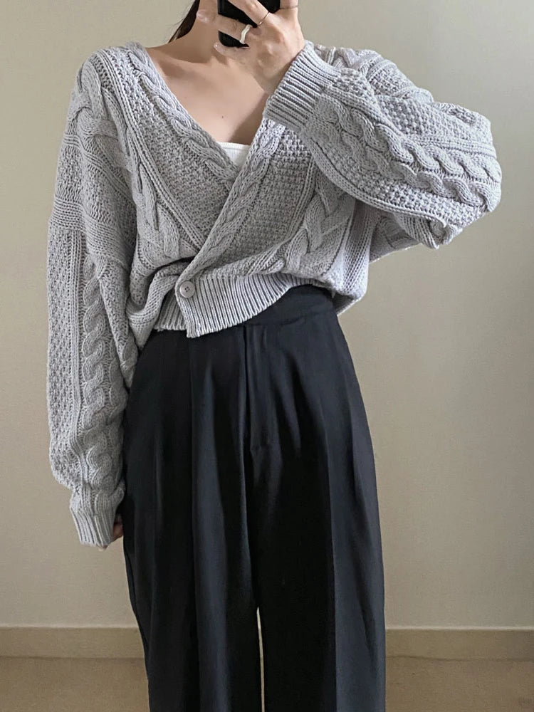 V Neck Knitted Vintage Long Sleeve Fashion Oversized Autumn Sweater