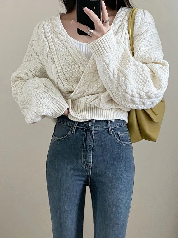 V Neck Knitted Vintage Long Sleeve Fashion Oversized Autumn Sweater