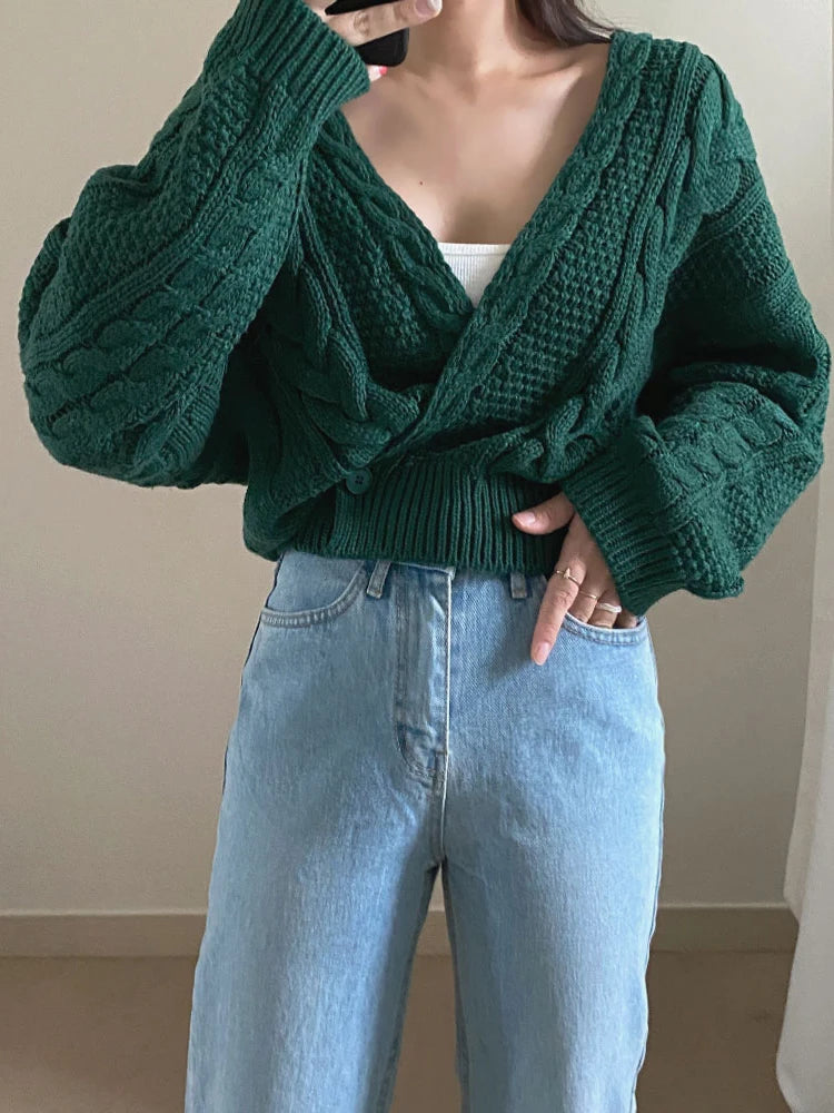 V Neck Knitted Vintage Long Sleeve Fashion Oversized Autumn Sweater