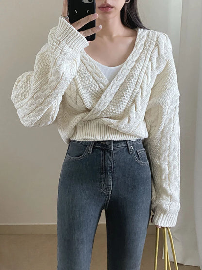 V Neck Knitted Vintage Long Sleeve Fashion Oversized Autumn Sweater