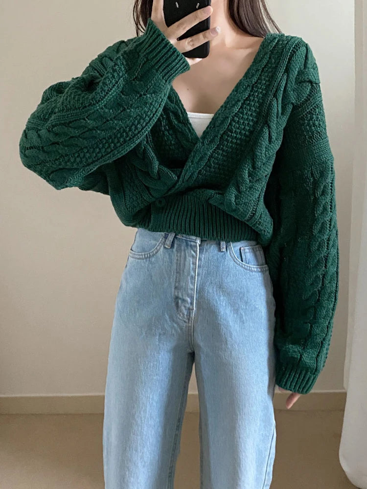 V Neck Knitted Vintage Long Sleeve Fashion Oversized Autumn Sweater