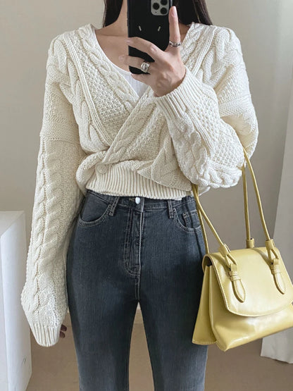 V Neck Knitted Vintage Long Sleeve Fashion Oversized Autumn Sweater