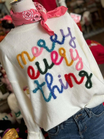 Autumn Winter Thanksgiving Christmas Ribbon Embroidery Loose Knit Sweater