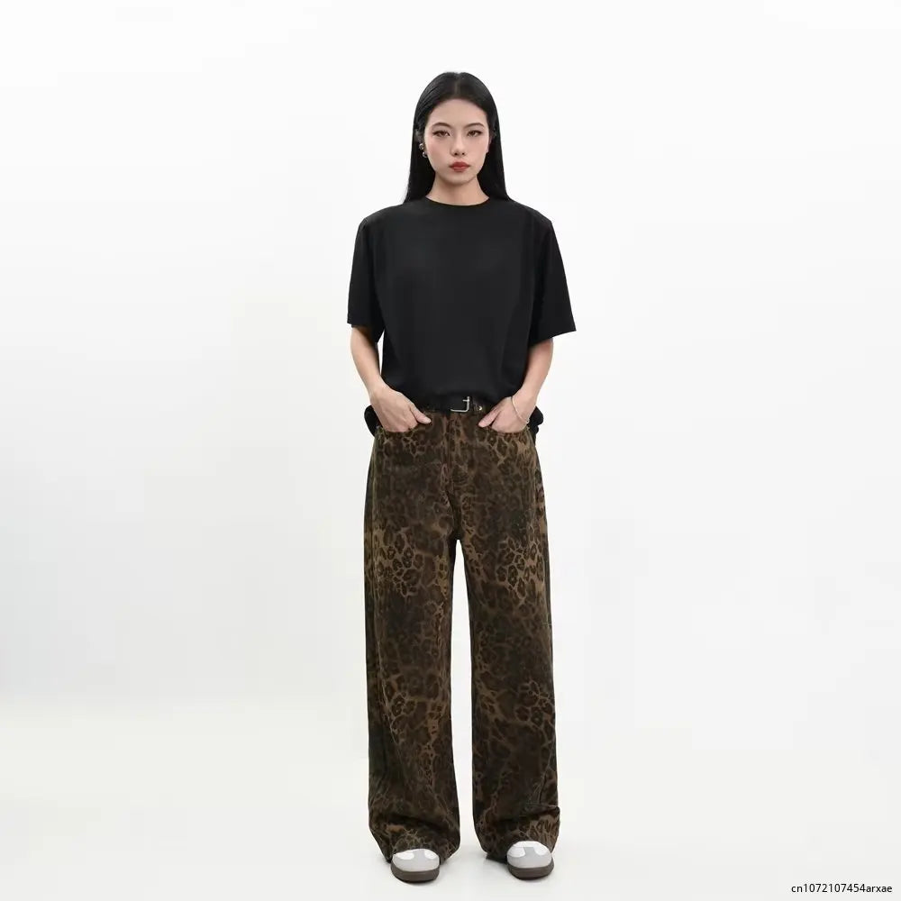 Leopard Print Retro Straight Tube Baggy Fashion Y2K New Winter Jeans