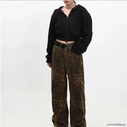 Leopard Print Retro Straight Tube Baggy Fashion Y2K New Winter Jeans