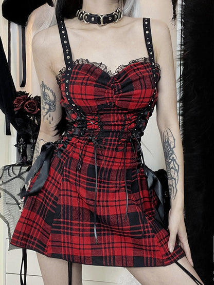 Lolita Pleated Y2K Mini Street Fairy Dress Lace-Up Grunge Plaid Red Tube Goth Eyelet Corset