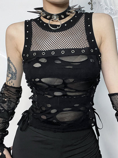 Lace-up Top Streetwear Gothic Sexy Rave Punk Through Crop 2024 Mall Hole Fashion Cyber See