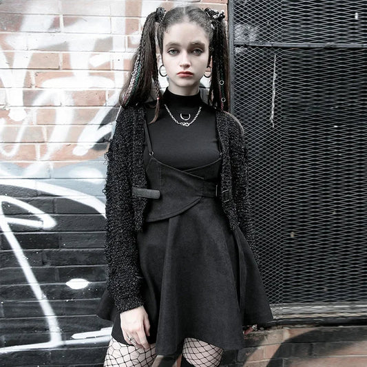 Pretend Waist Sealing Tight-waist Braces Overskirt High-waist A-Line Daily Sling Black Gothic Dress