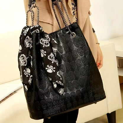 Trendy Tote Gothic Crossbody Scarf Decor Print Shoulder Bag Skull Punk