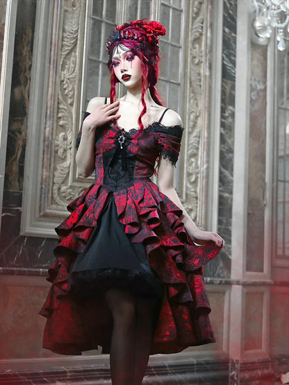 High-Waist Party Style Court Dark Gothic Off-Shoulder Wave Japanese Black Dress Lolita Red Autumn Halloween