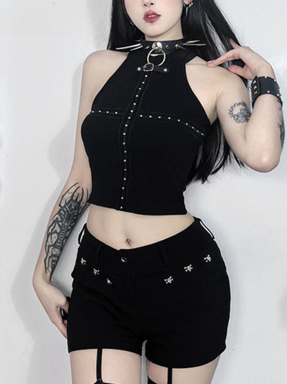 Top Black Patchwork Punk Gothic Cross Alt Cyber Crop Streetwear Dark Grunge