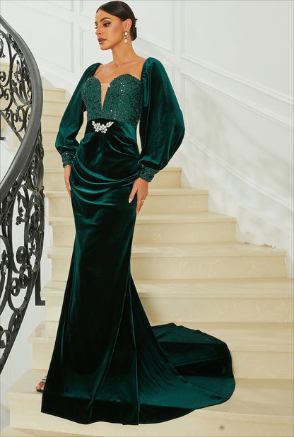 Green Velvet Evening Dress with Lantern Sleeves and Sequin Belt