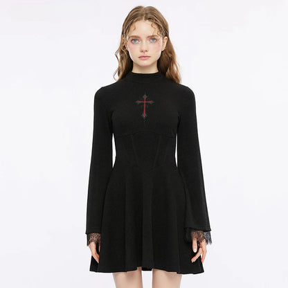 Light Cross Embroidered Basic A Line Flared Cuffs Lace Decorated Sexy Black Gothic Dress